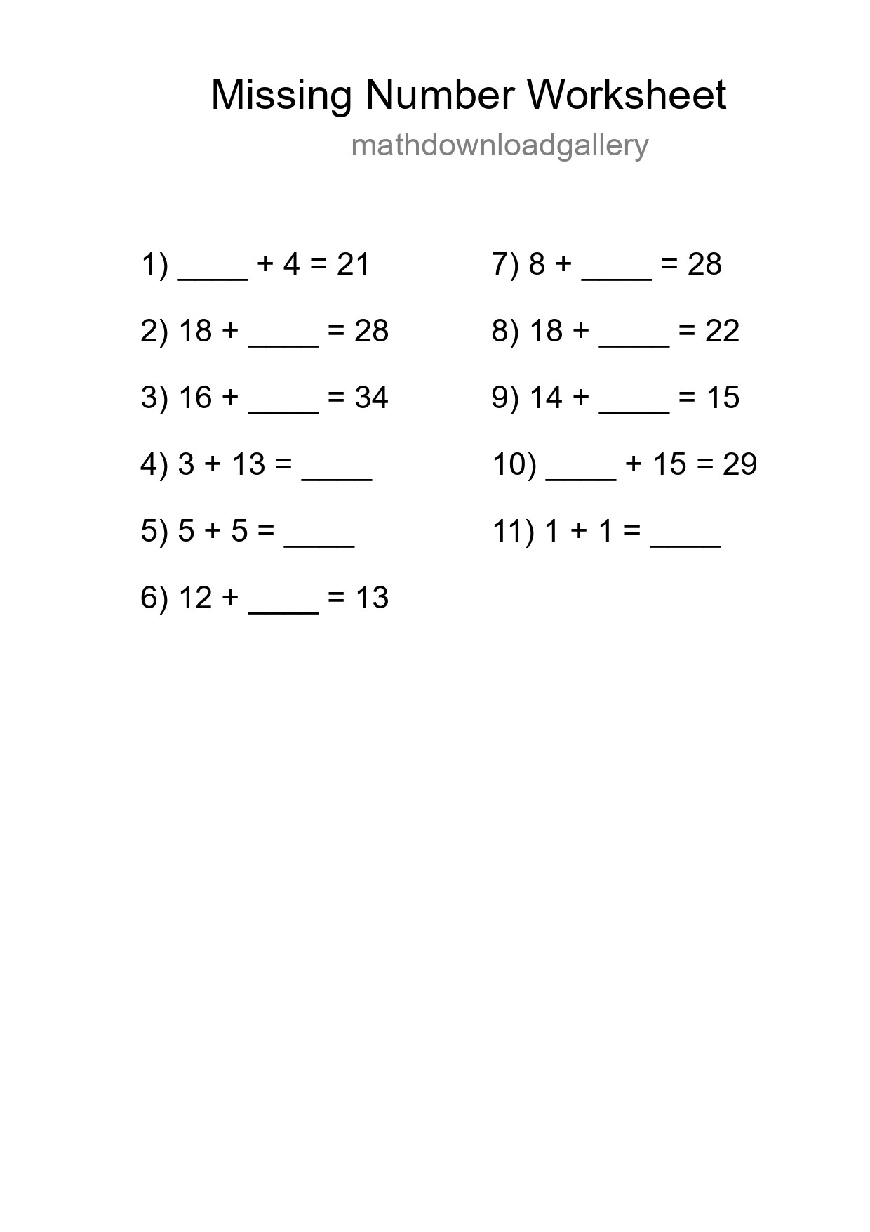 Missing Number Math Worksheet
