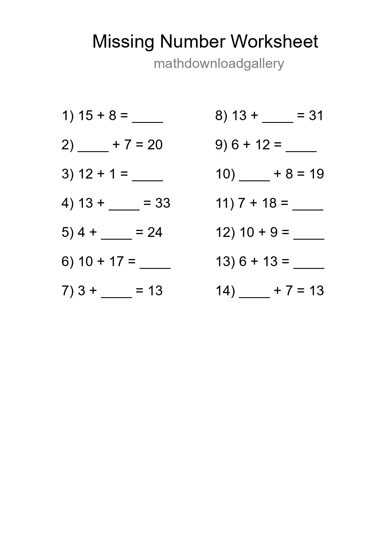 Missing Number Math Worksheet