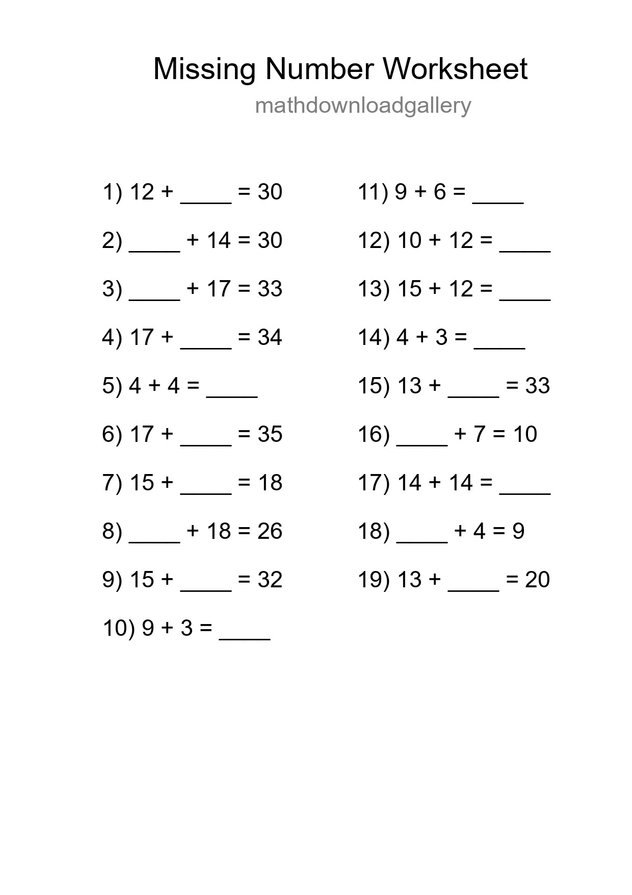 Missing Number Math Worksheet