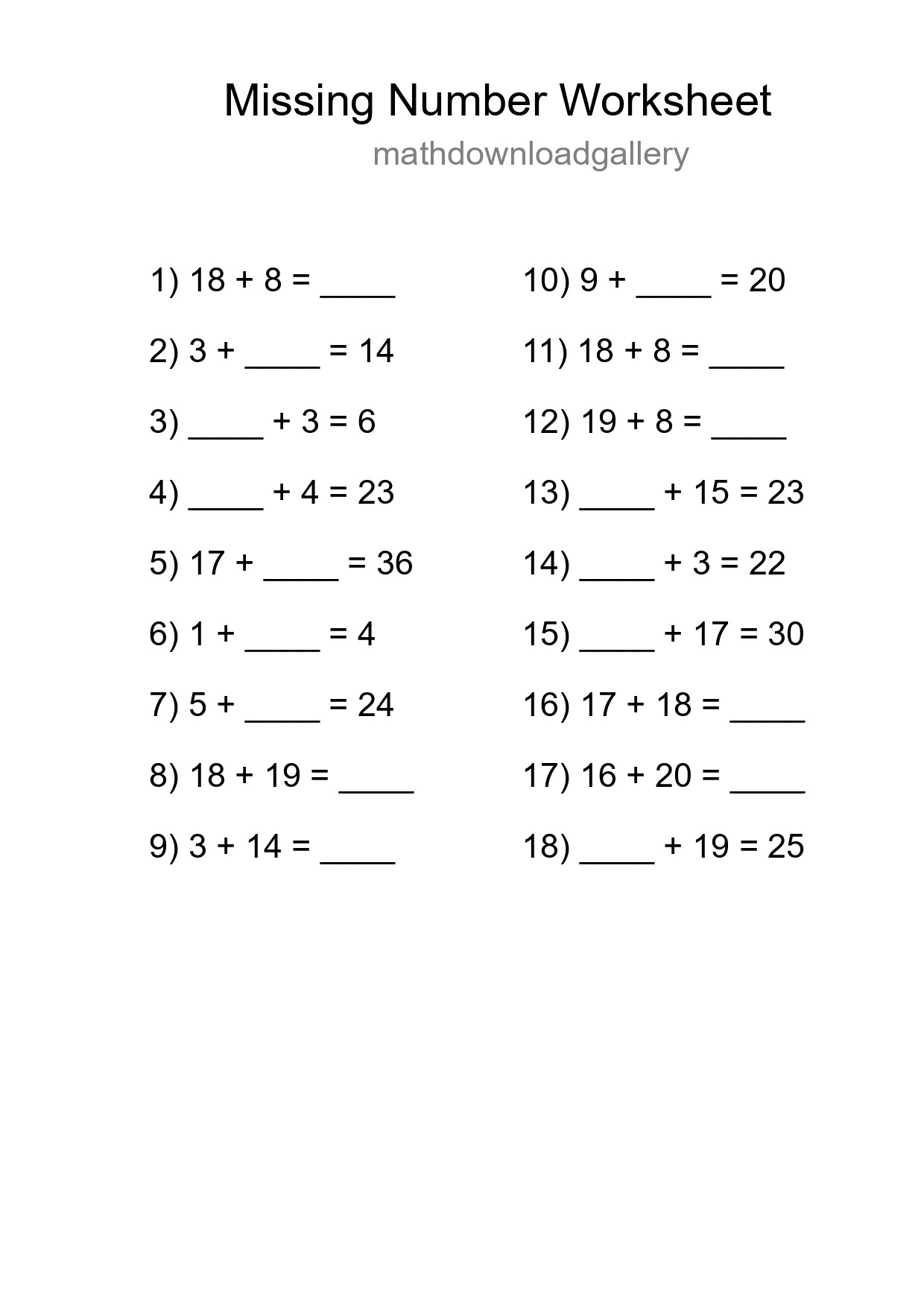 Missing Number Math Worksheet
