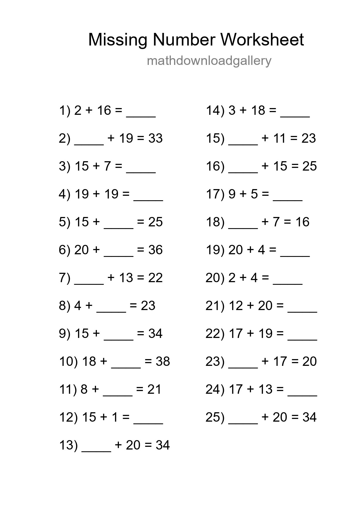 Missing Number Math Worksheet