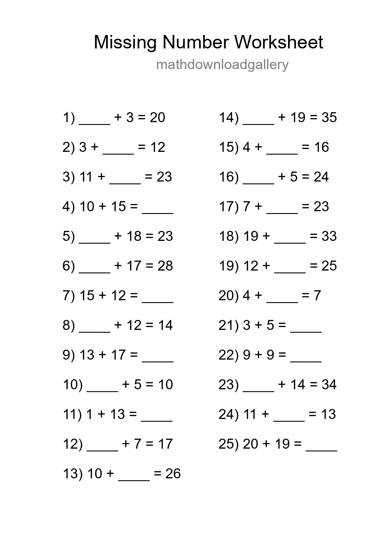 Missing Number Math Worksheet