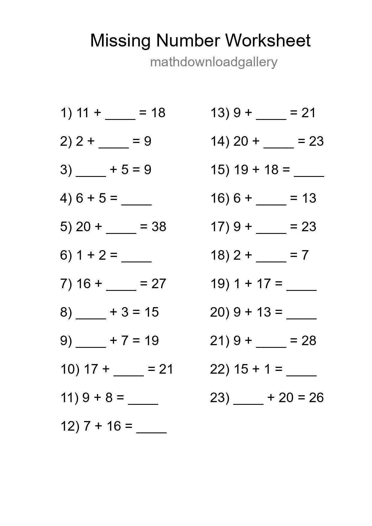 Missing Number Math Worksheet