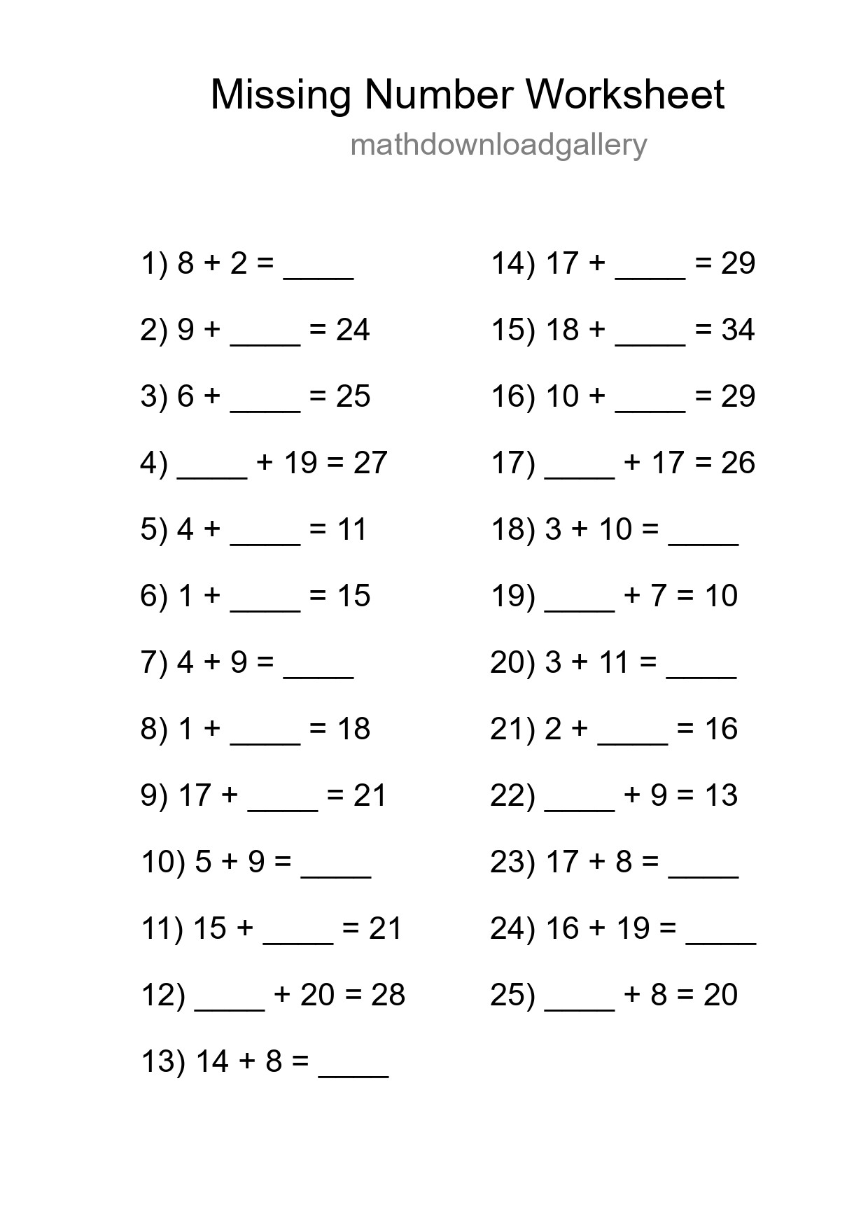 Missing Number Math Worksheet