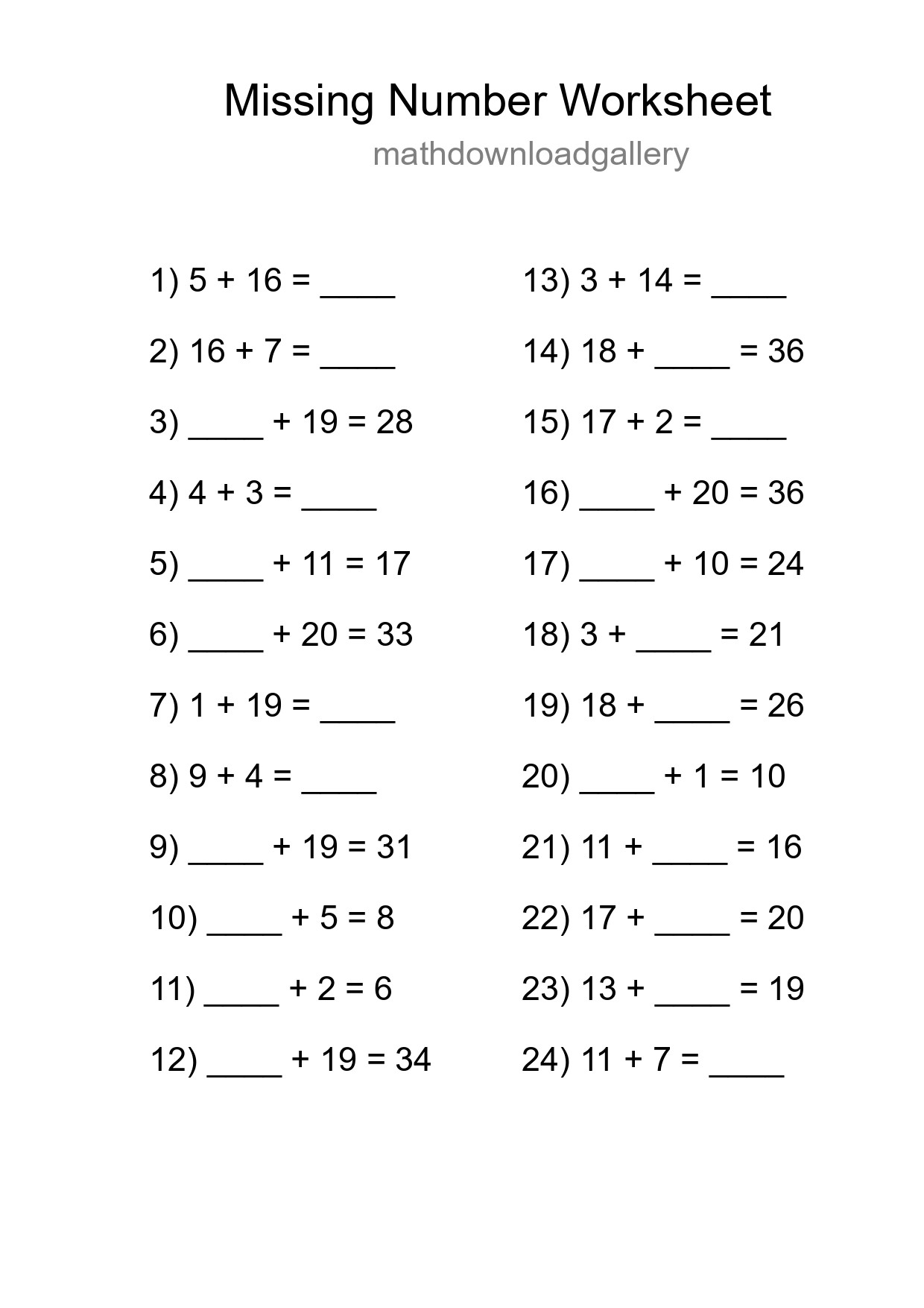 Missing Number Math Worksheet