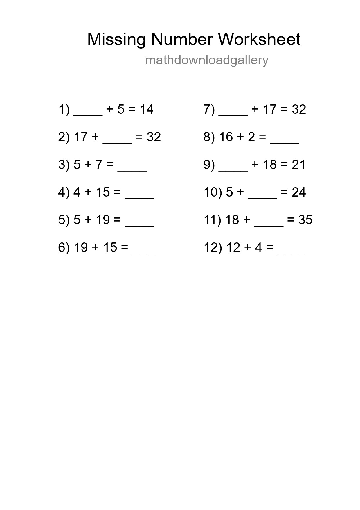 Missing Number Math Worksheet