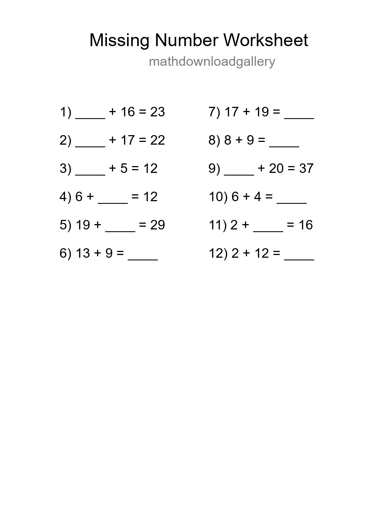 Missing Number Math Worksheet