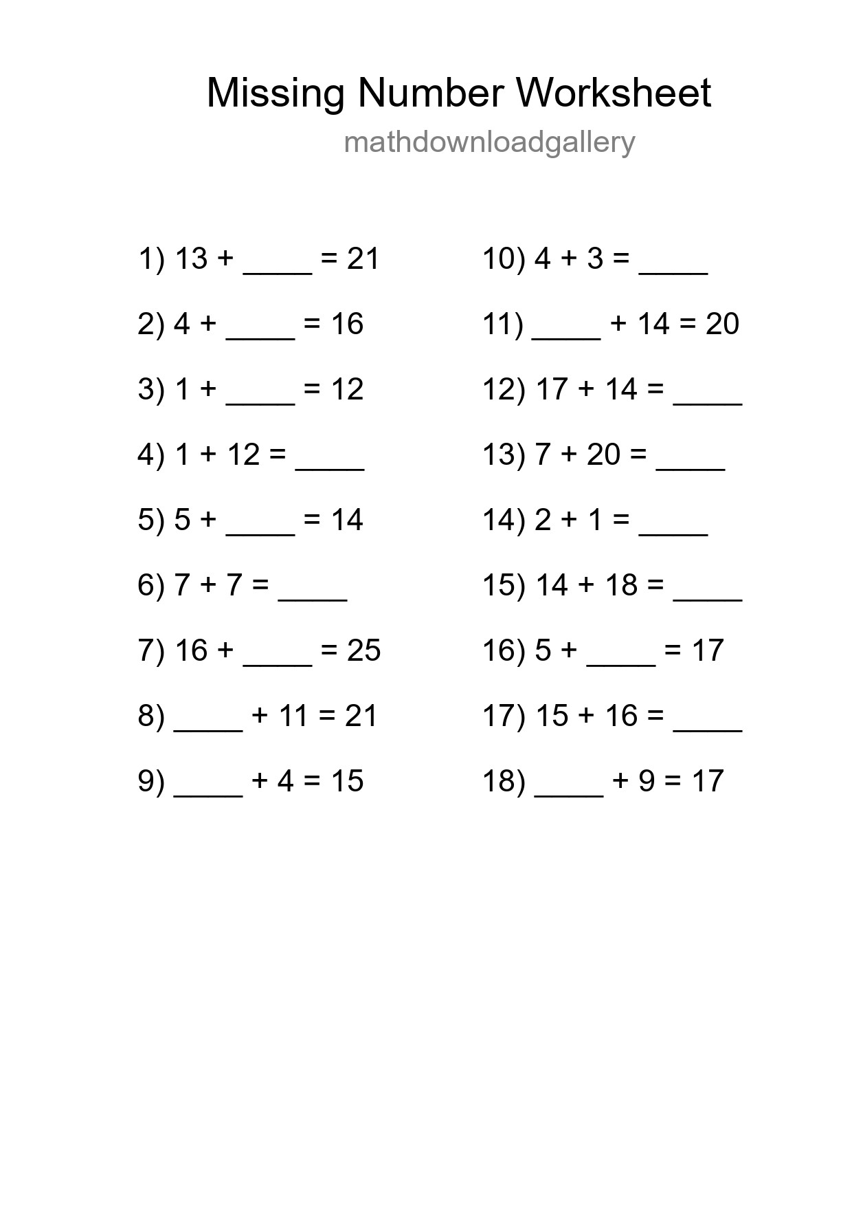 Missing Number Math Worksheet