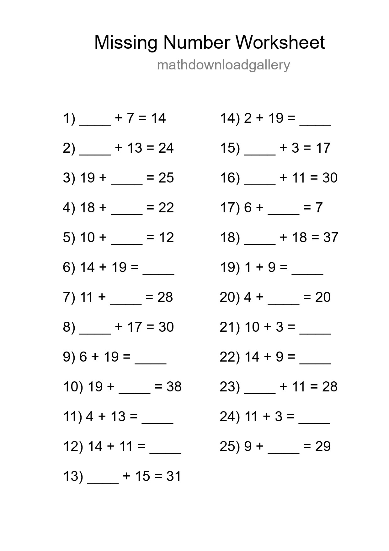 Missing Number Math Worksheet