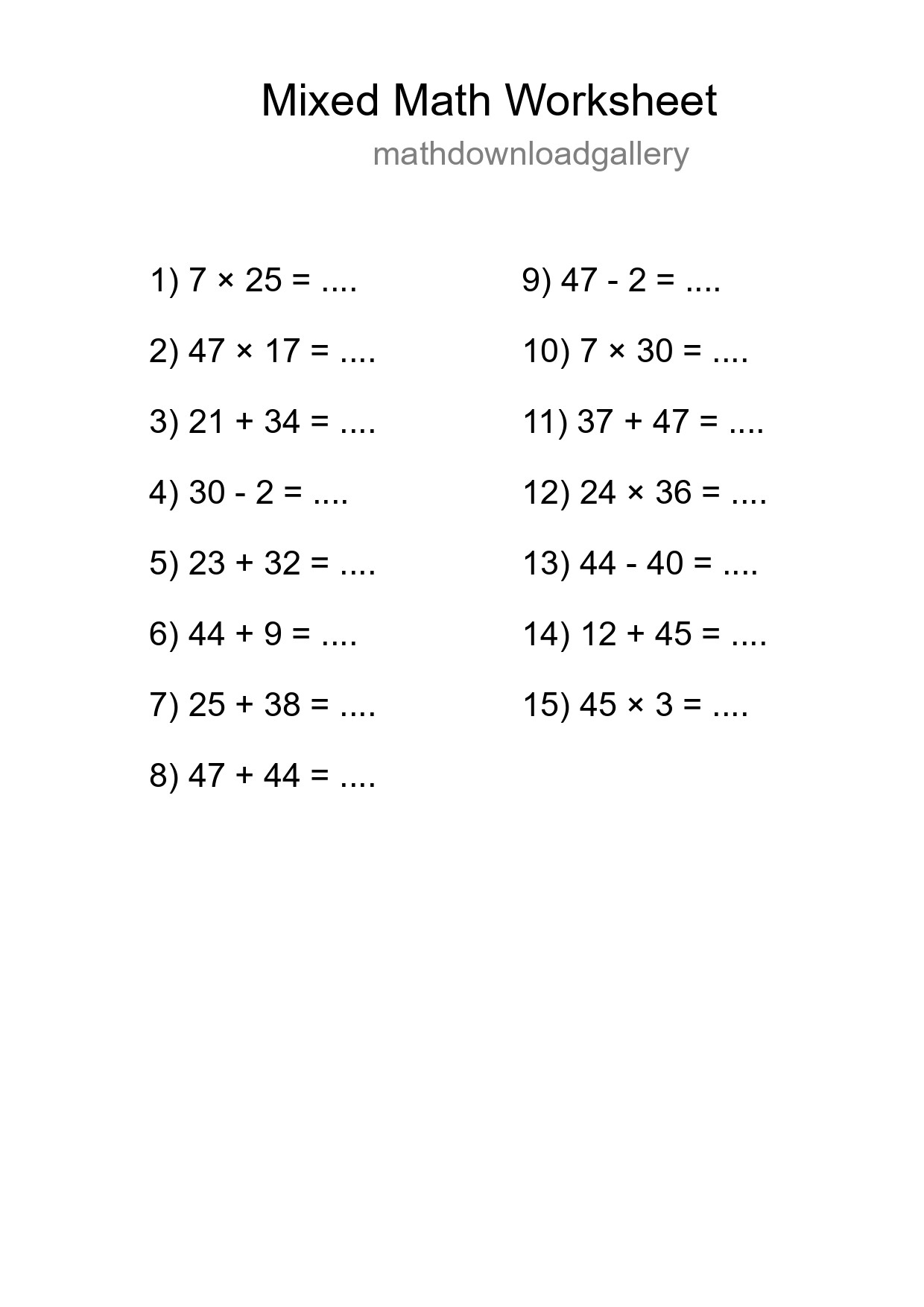 Mixed Operations Math Worksheet