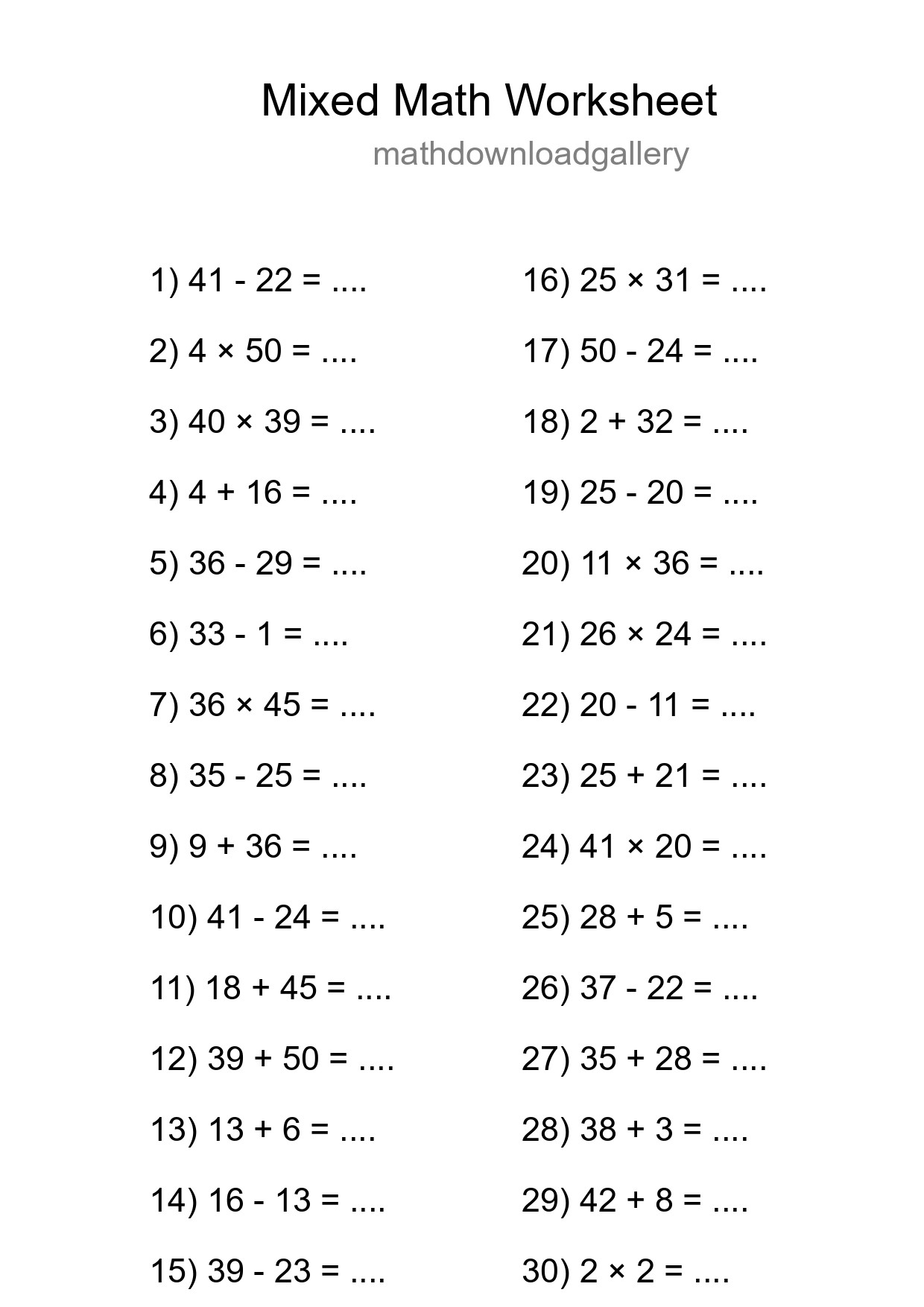 Mixed Operations Math Worksheet