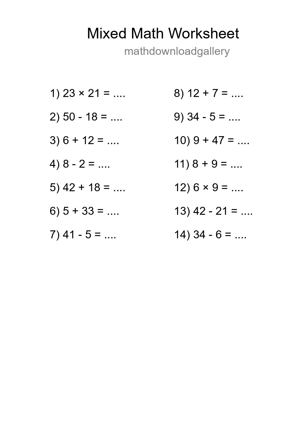 Mixed Operations Math Worksheet