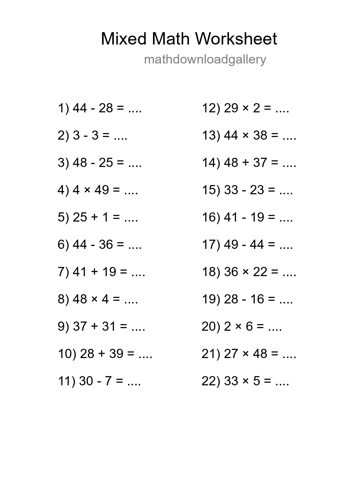 Mixed Operations Math Worksheet