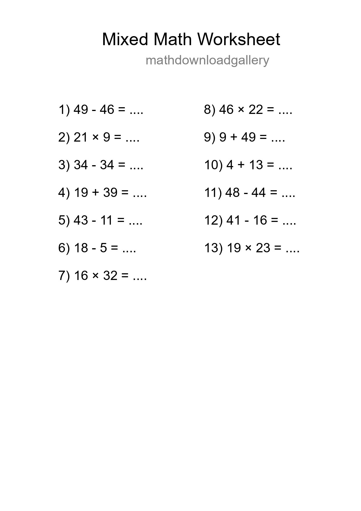 Mixed Operations Math Worksheet