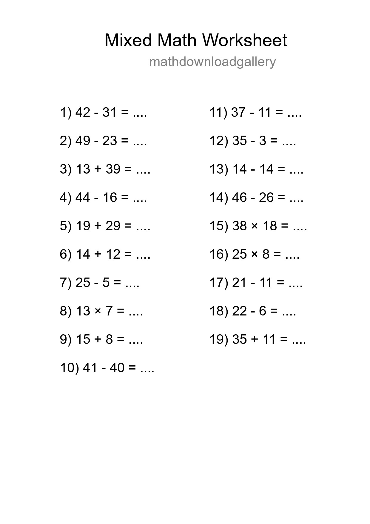 Mixed Operations Math Worksheet