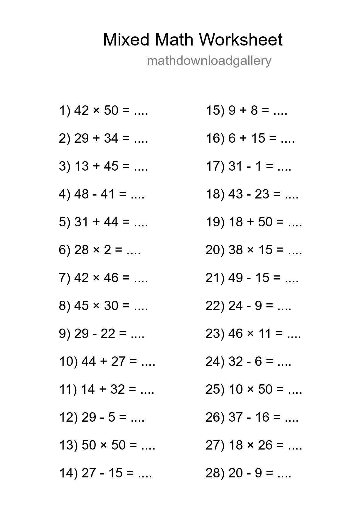Mixed Operations Math Worksheet