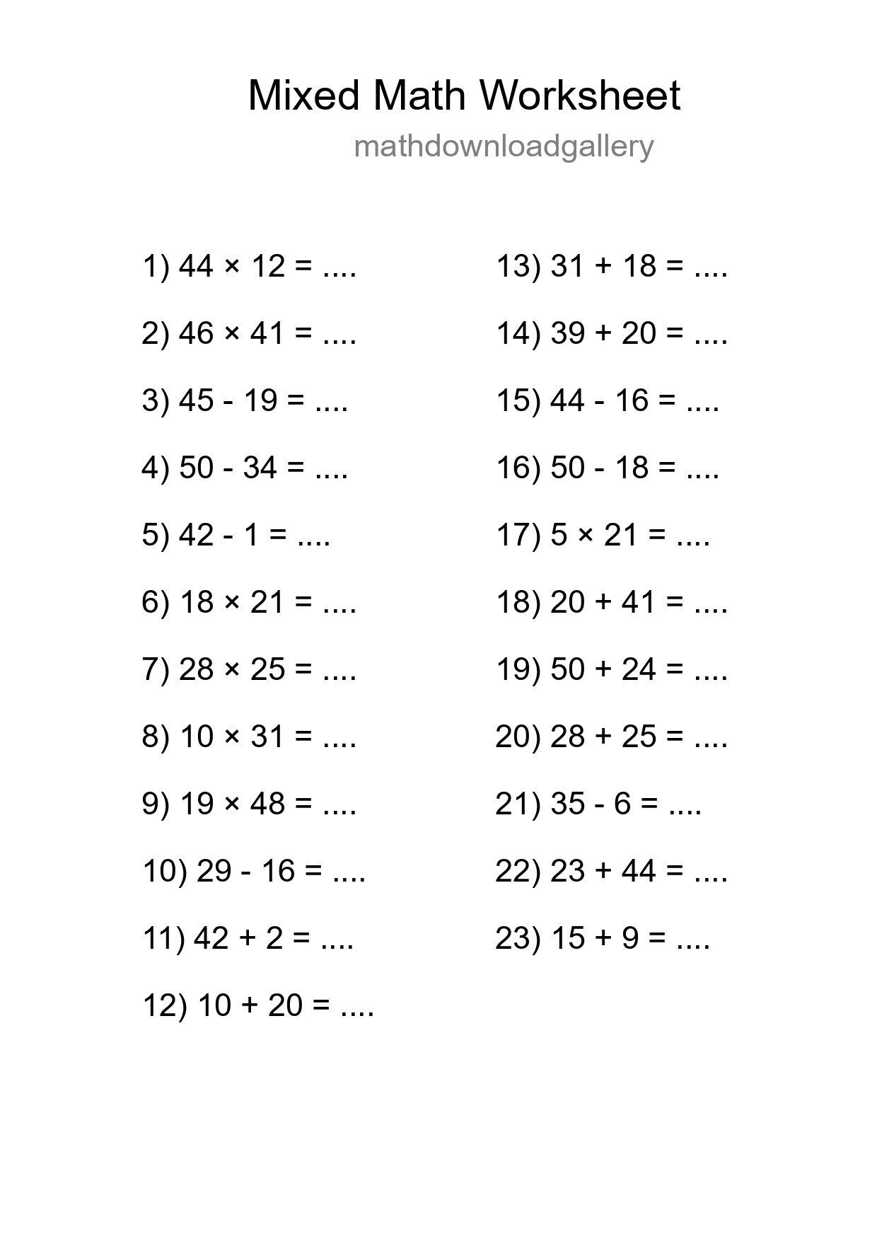 Mixed Operations Math Worksheet