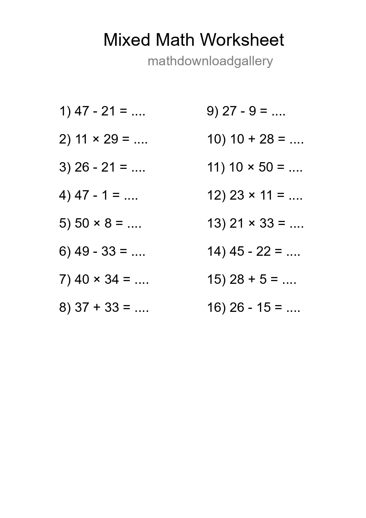 Mixed Operations Math Worksheet