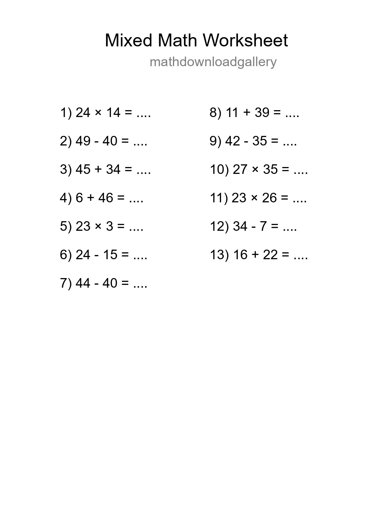 Mixed Operations Math Worksheet