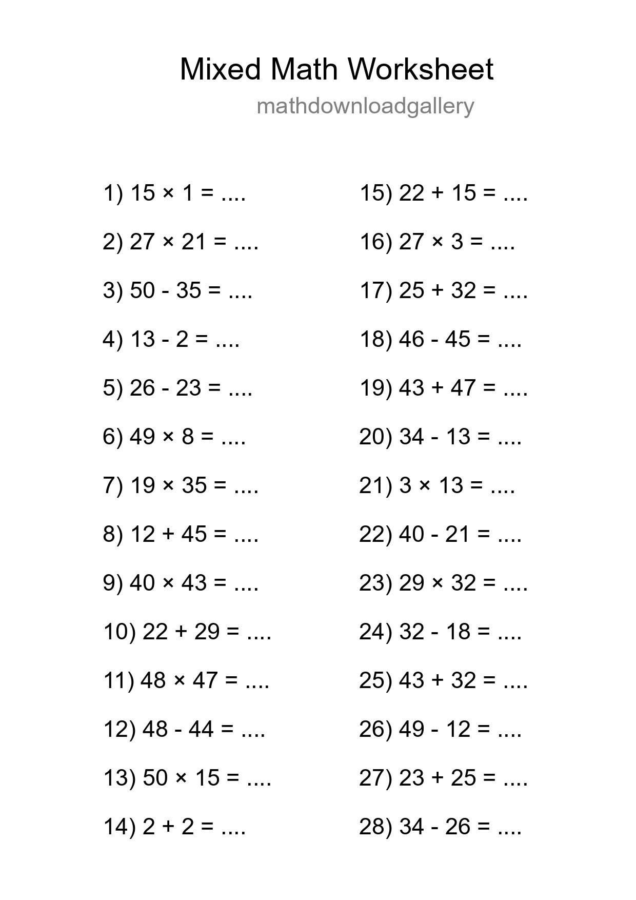 Mixed Operations Math Worksheet