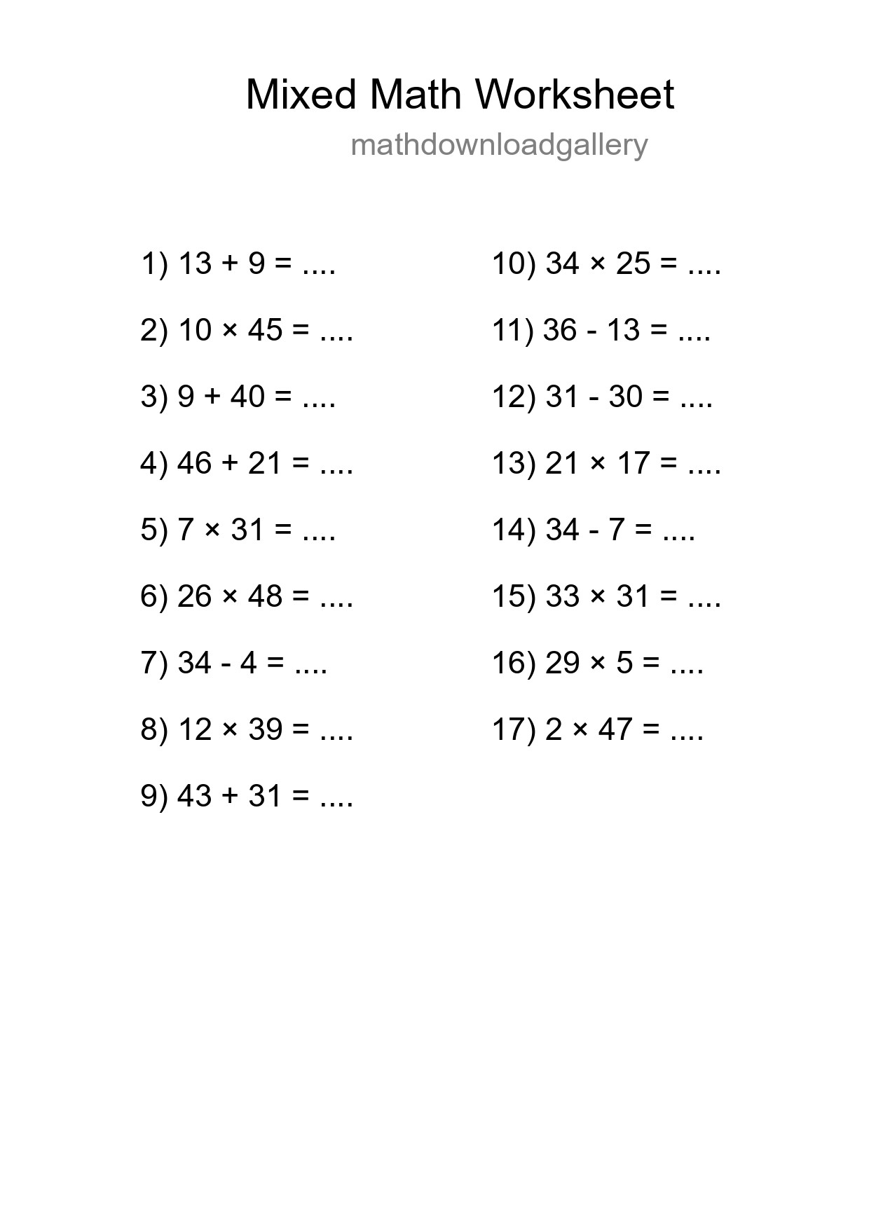 Mixed Operations Math Worksheet
