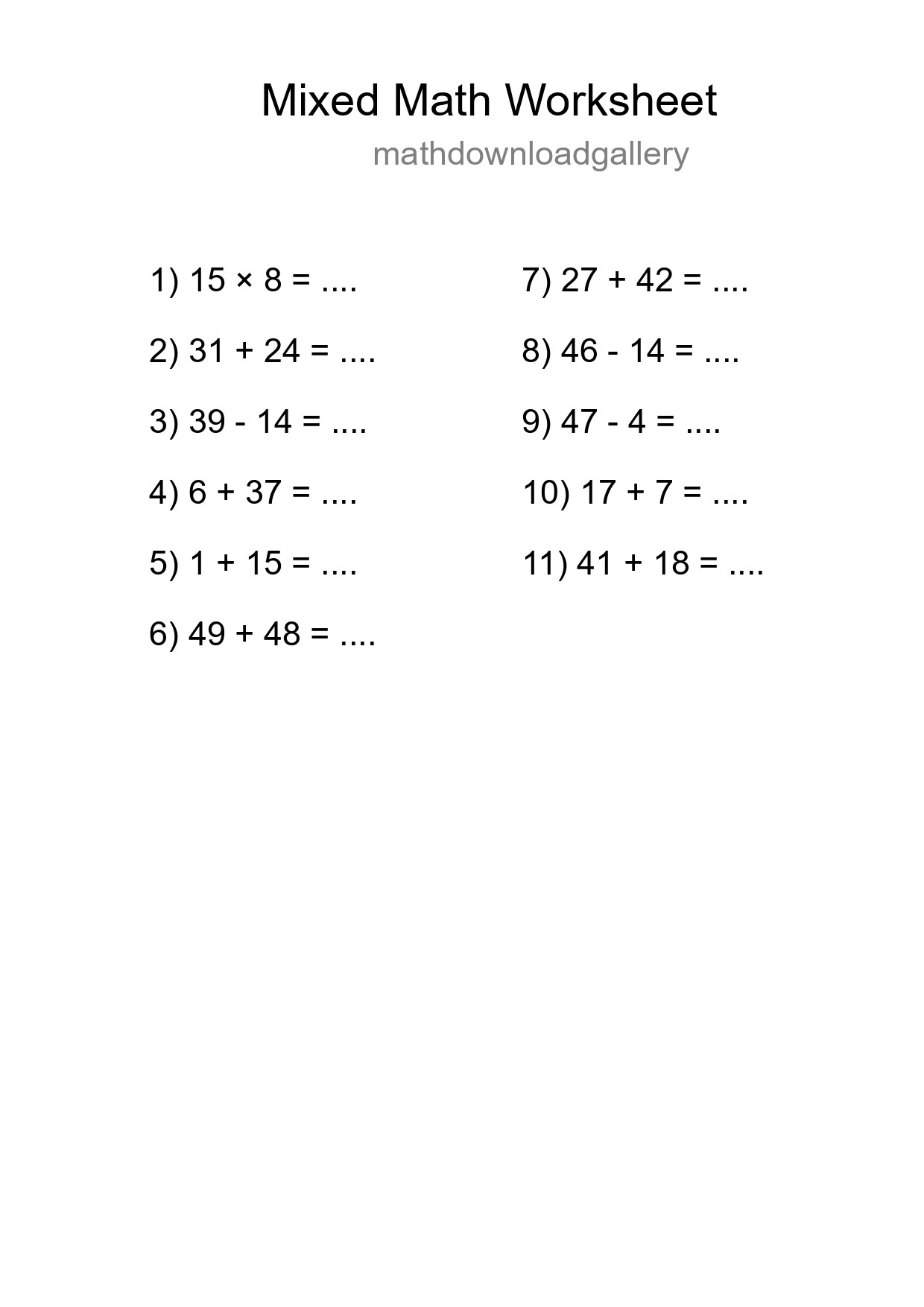 Mixed Operations Math Worksheet