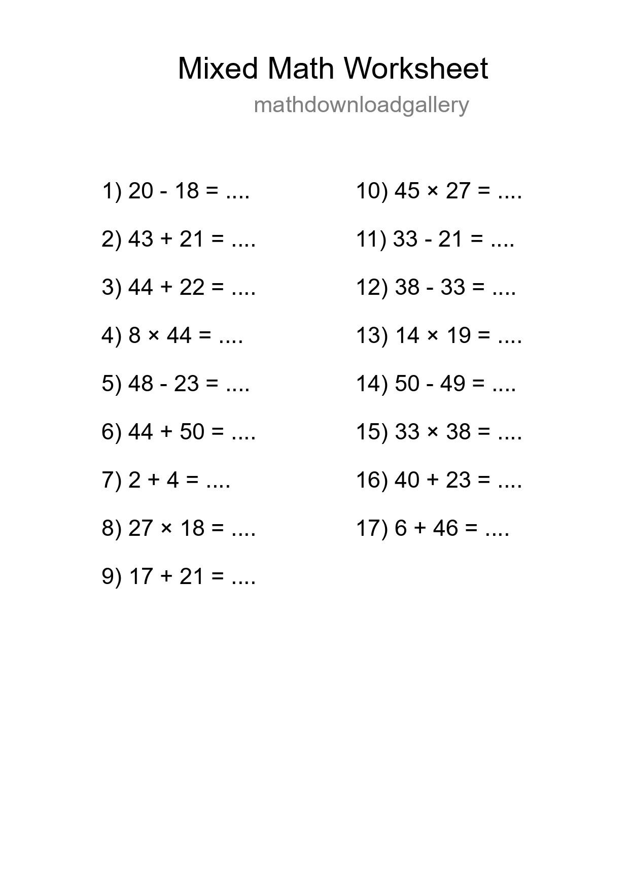 Mixed Operations Math Worksheet