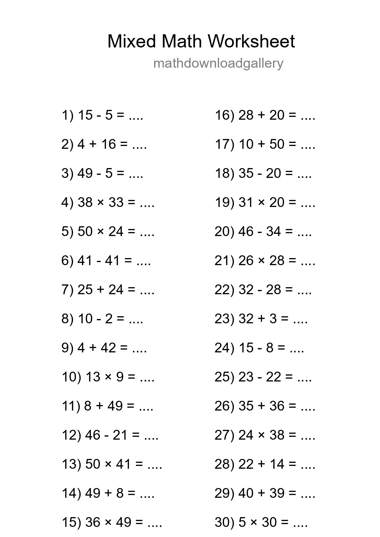 Mixed Operations Math Worksheet
