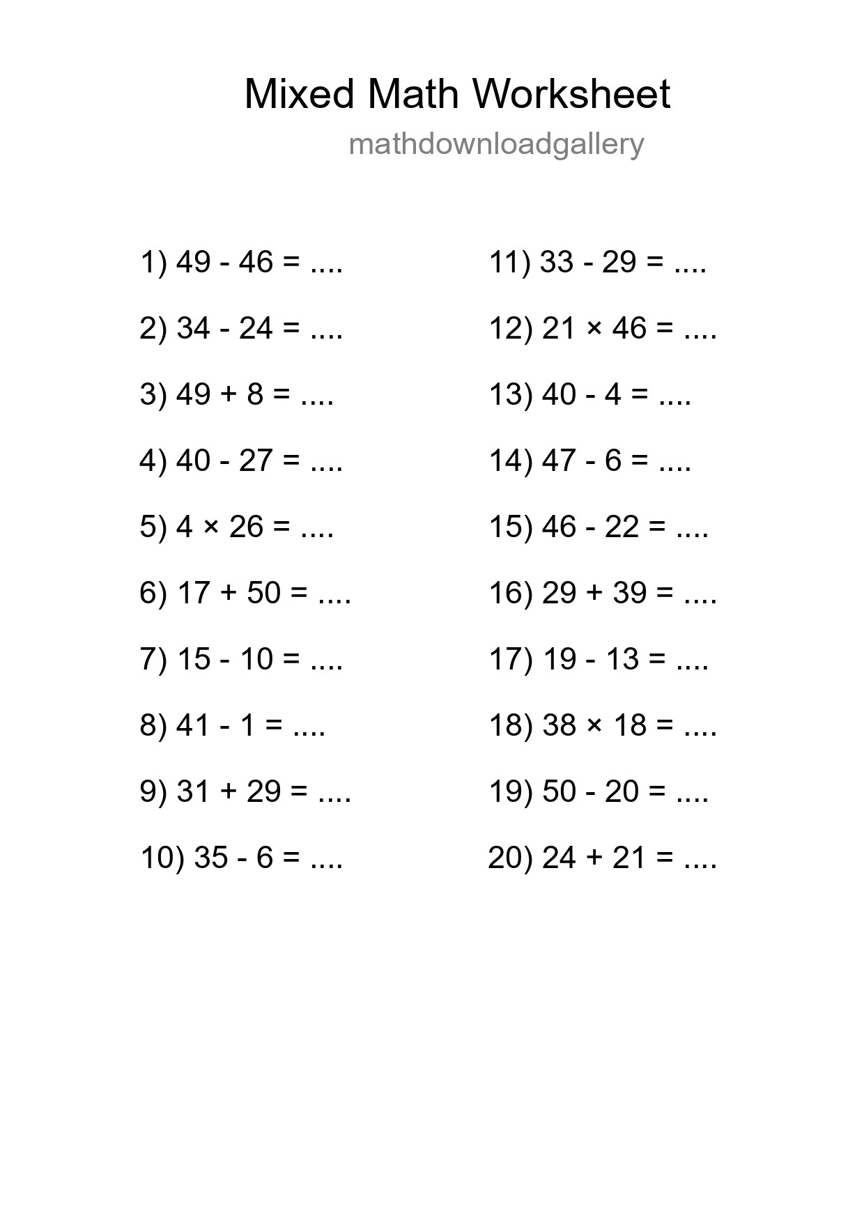 Mixed Operations Math Worksheet