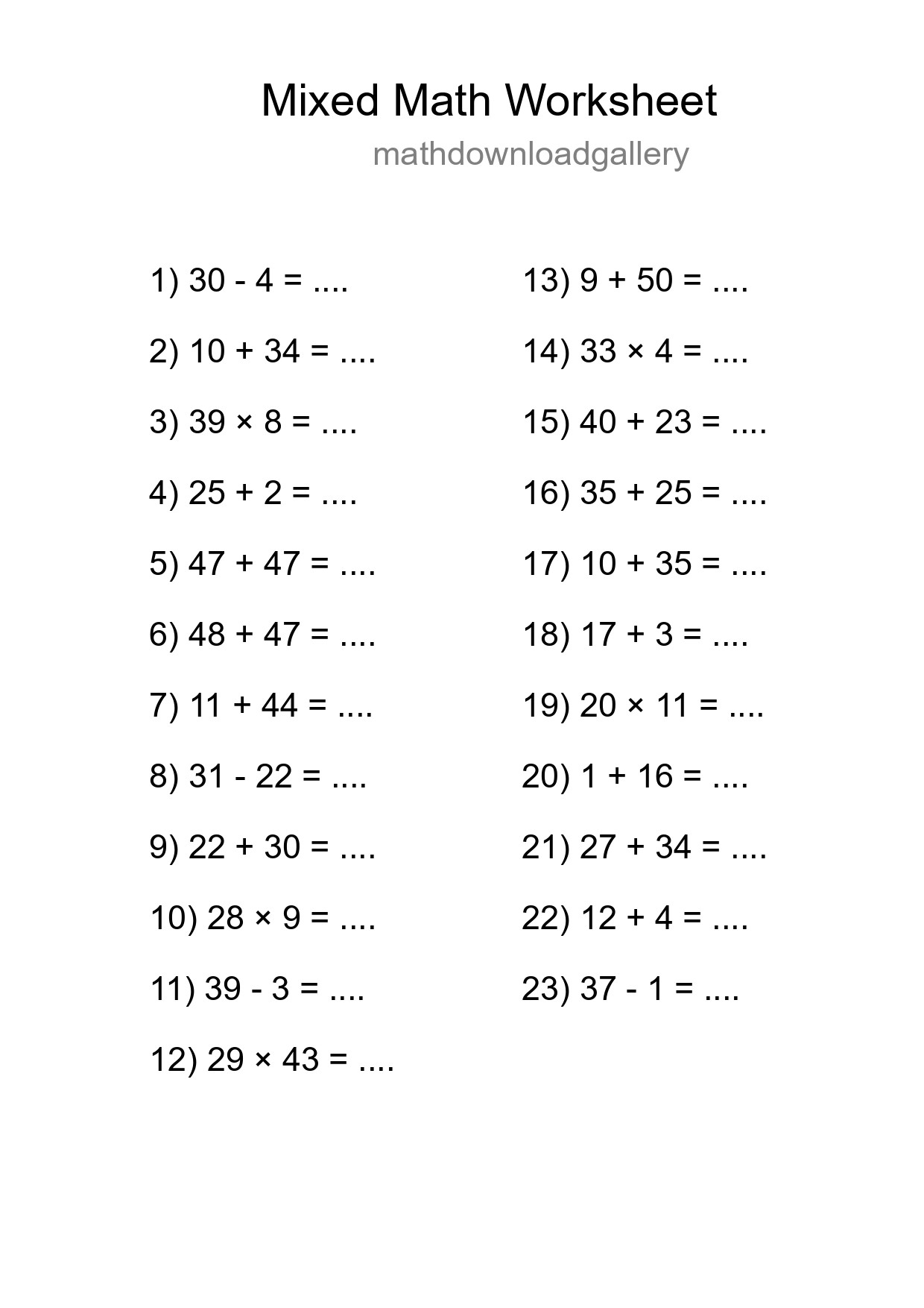 Mixed Operations Math Worksheet