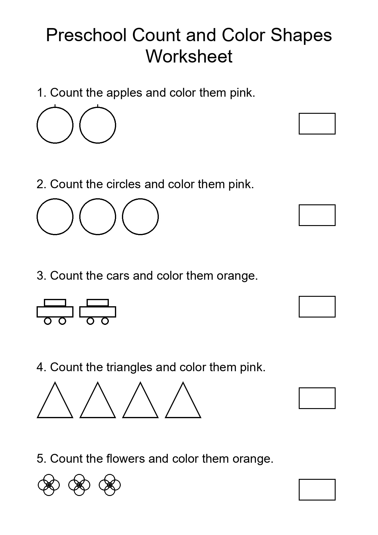 Preschool Count and Color Shapes Worksheet
