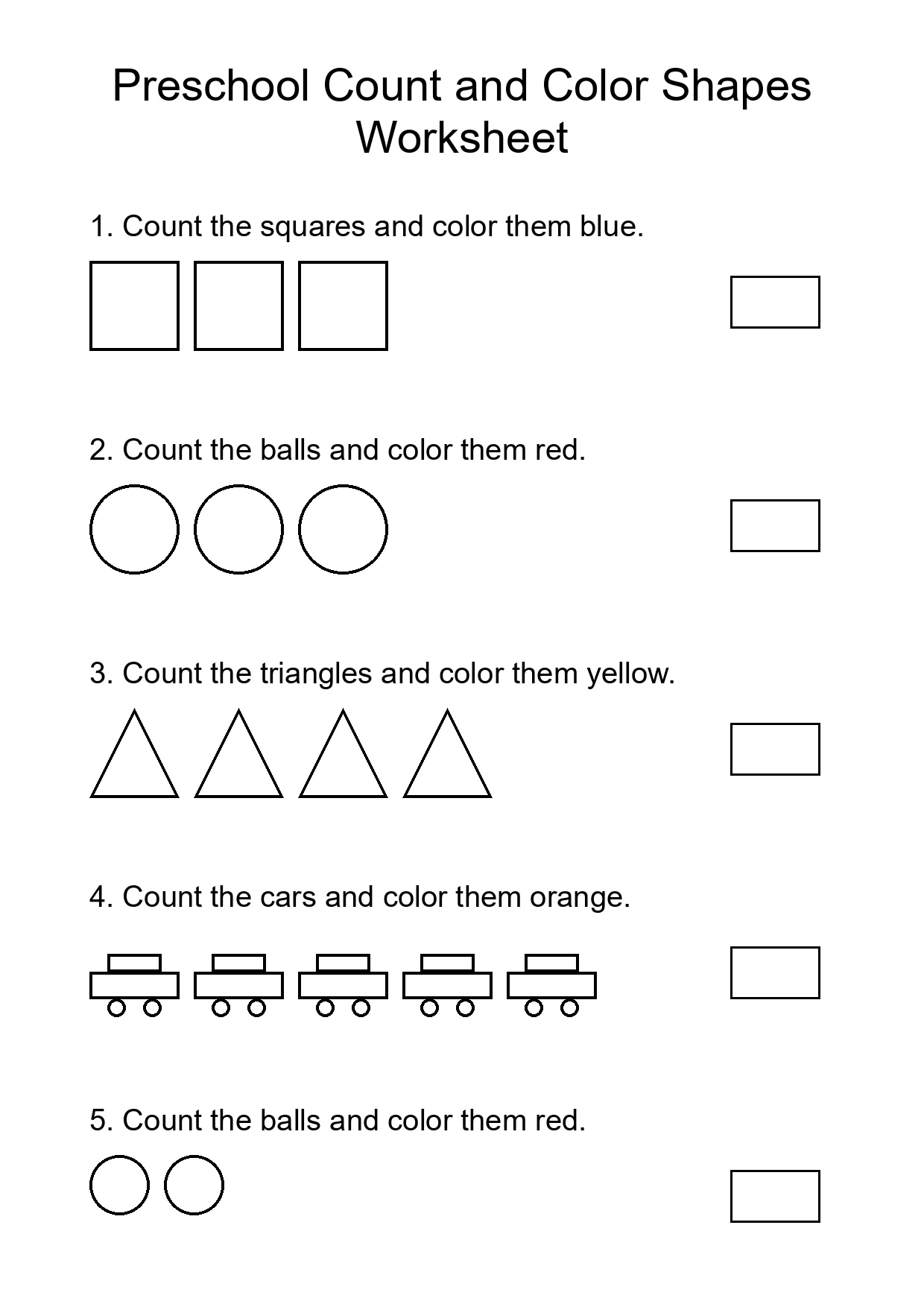 Preschool Count and Color Shapes Worksheet