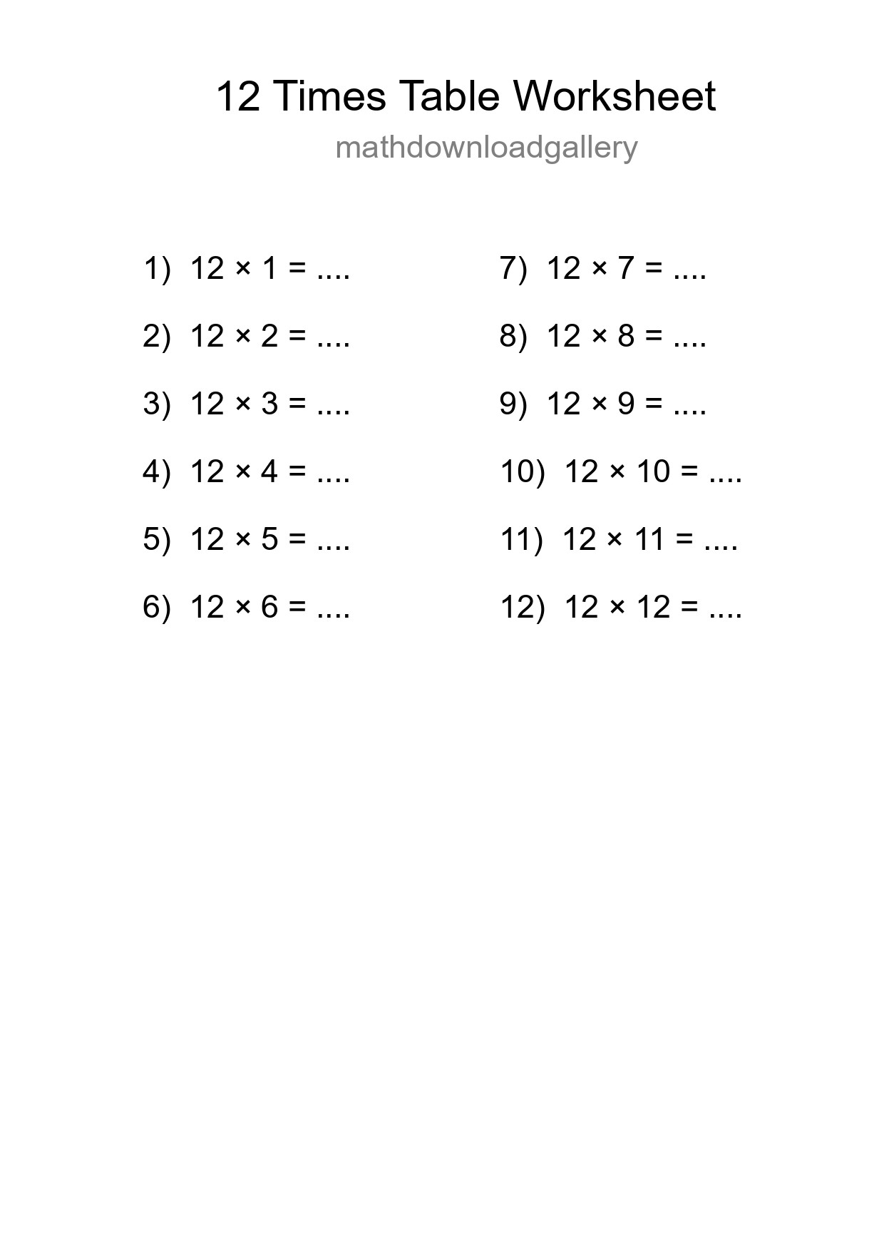 Printable 12 Times Table Worksheet For Grade 4 - Part 185