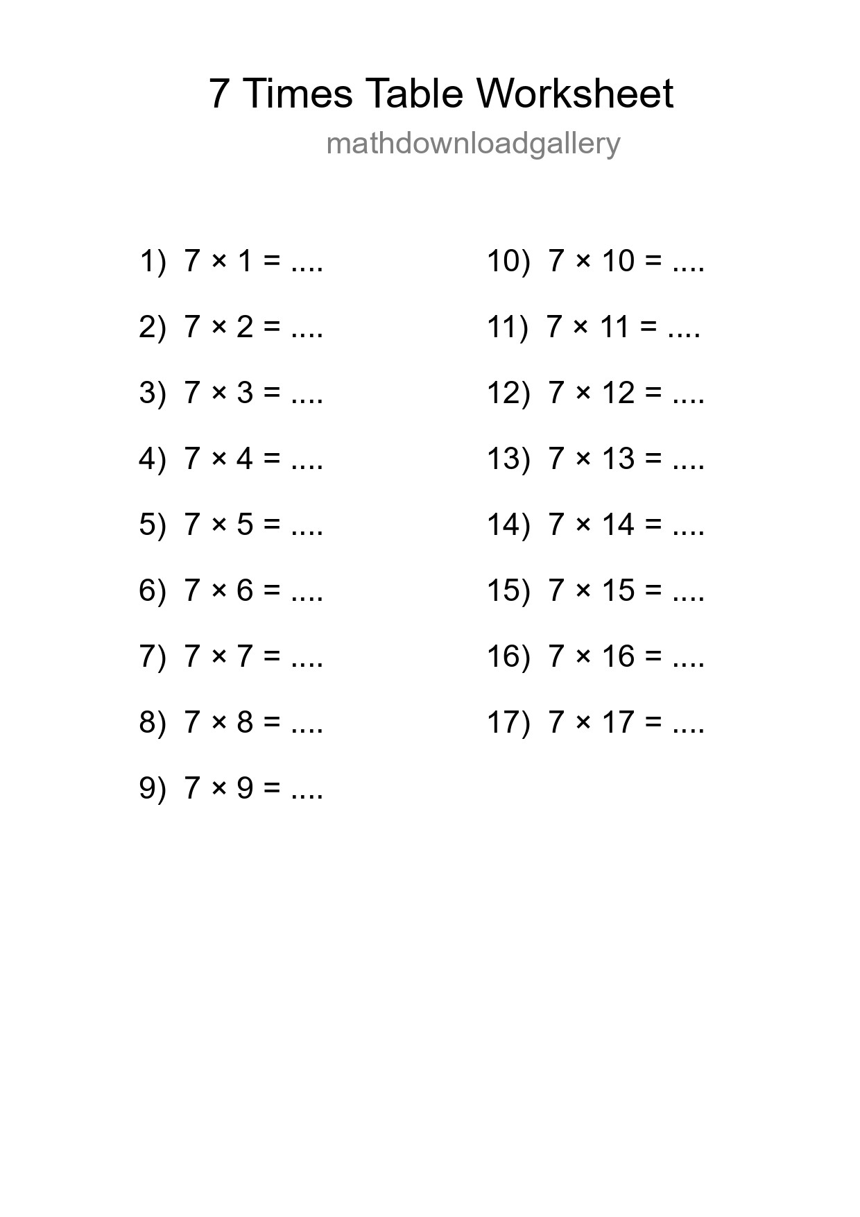 Printable 7 Times Table Worksheet For Grade 3 - Part 31