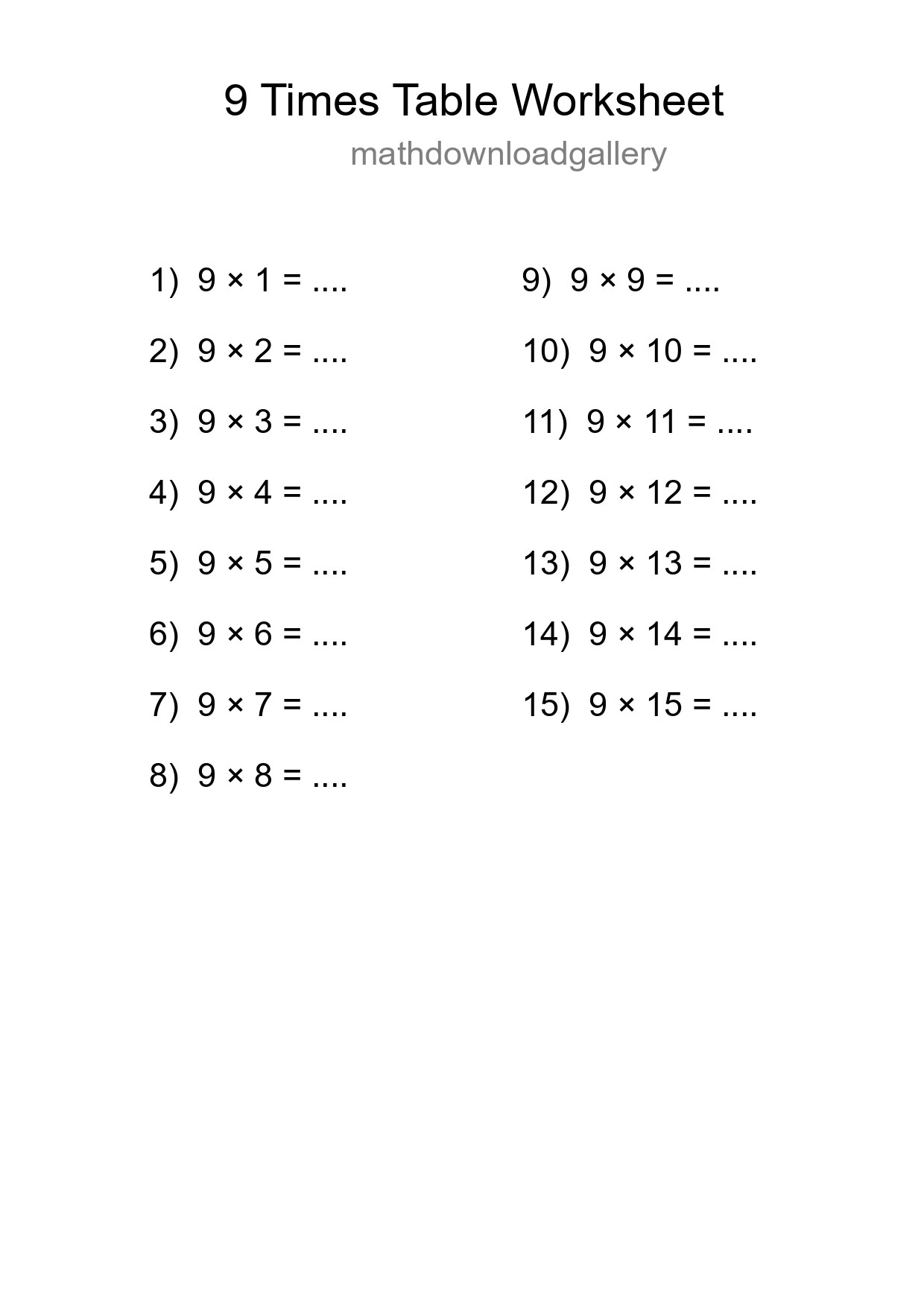 Printable 9 Times Table Worksheet For Grade 3 - Part 9