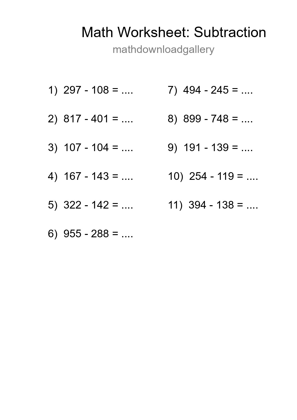 Printable Free 11 Subtraction Math Worksheet For Grade 5 - Part 294