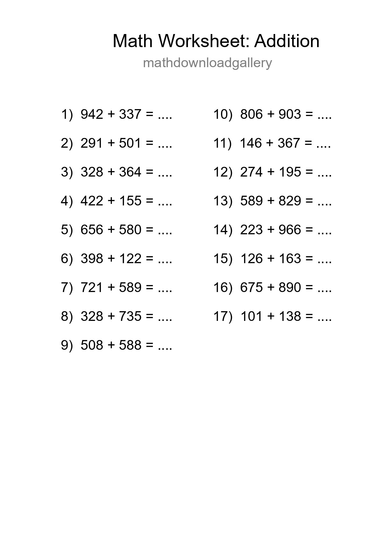 Printable Free 17 Addition Math Worksheet For Grade 5 - Part 23