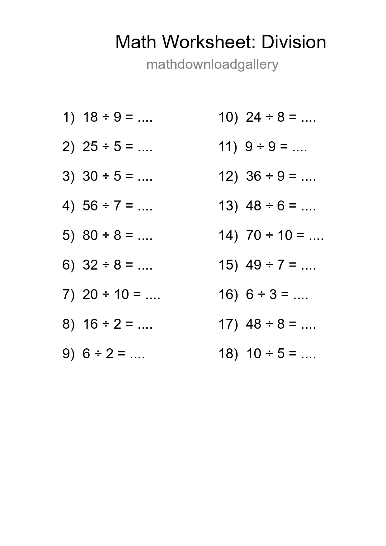 Printable Free 18 Division Math Worksheet For Grade 1 - Part 213