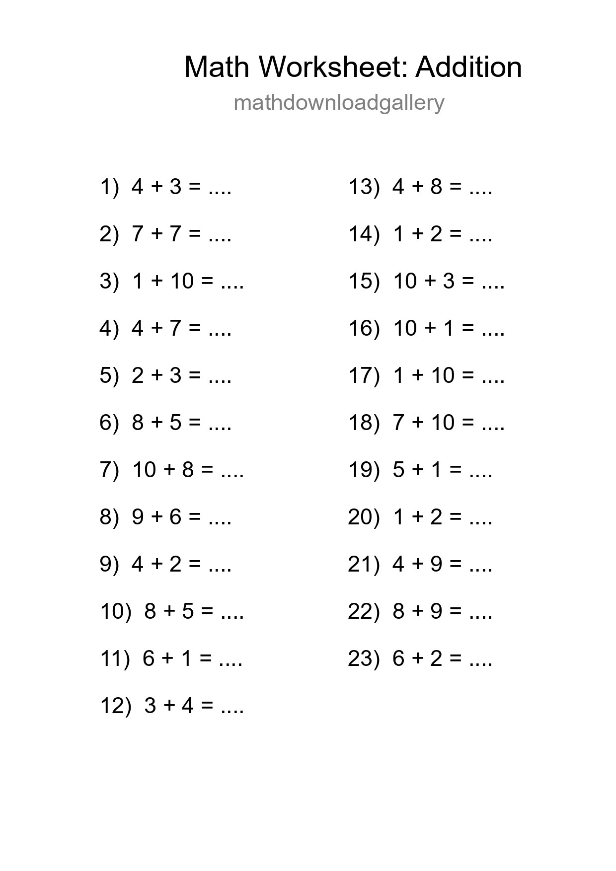 Printable Free 23 Addition Math Worksheet For Grade 1 - Part 298